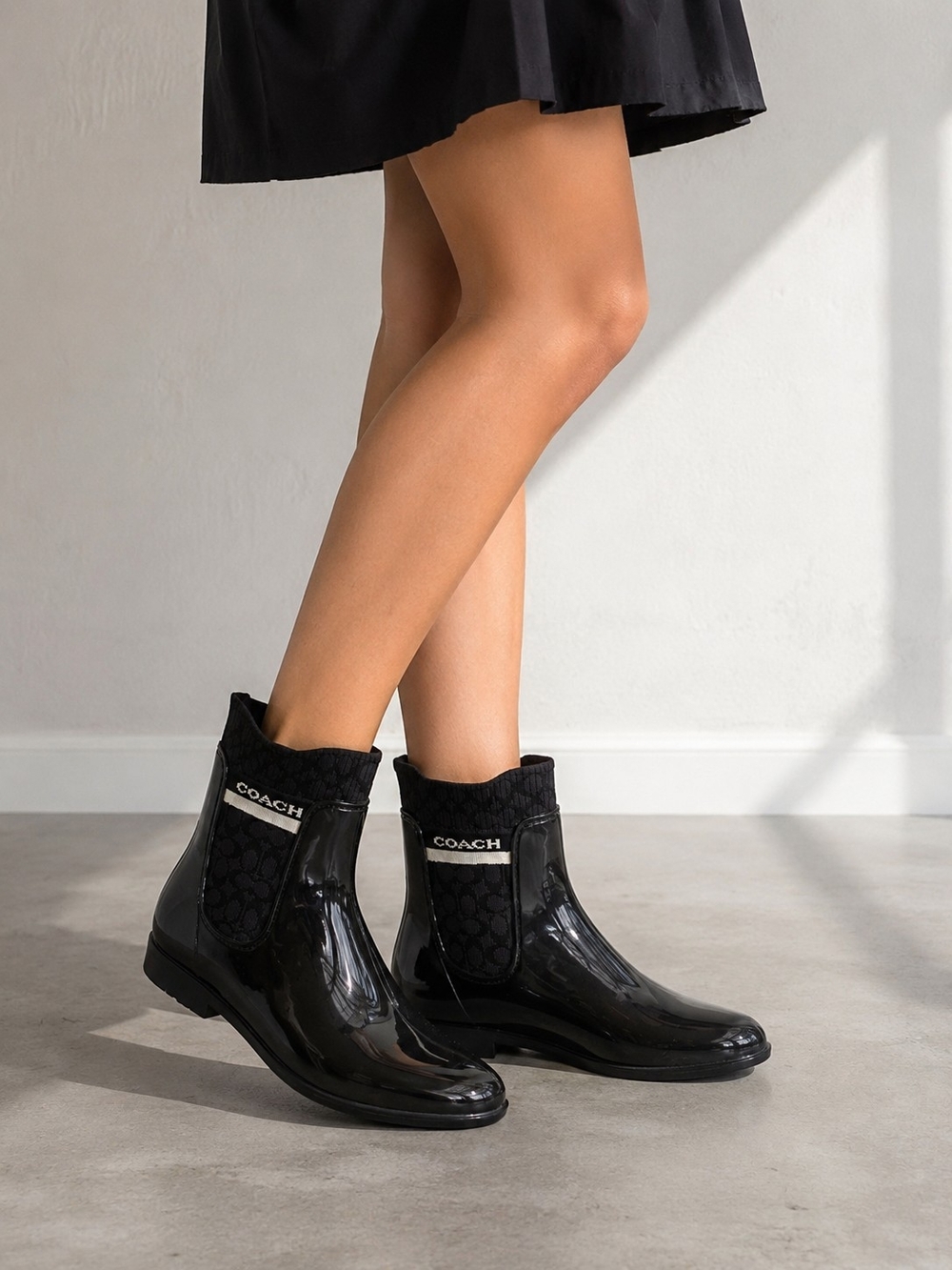 Coach Black Glossy Logo-Trim Rain Booties